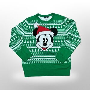 Disney Mickey Mouse Christmas Sweater Mens XL Green Fair Isle Santa Hat Holiday